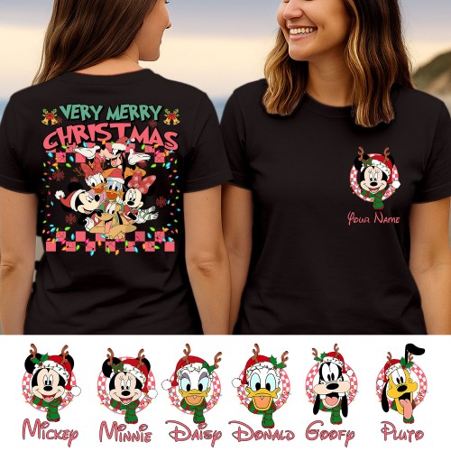 Personalised Very Merry Christmas Magical Mouse T-Shirt, Custom Retro Cartoon Holiday Tee, Matching Family Vacation Pocket Gift, Holiday Group Event Tops