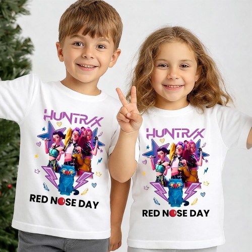 Huntrix Red Nose Day T-Shirt, Rockstar Group K-Pop Demon Hunters Charity Clothingm, Rumi, Mira & Zoey Comic Shirt, Kids & Children's Red Nose Day Tops