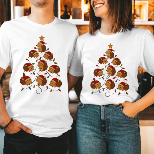 Hedgehog Christmas Tree T Shirt, Cute Woodland Animal Festive Graphic Tee, Matching Family Couples Winter Tops Secret Santa Costume Xmas Holiday Gift