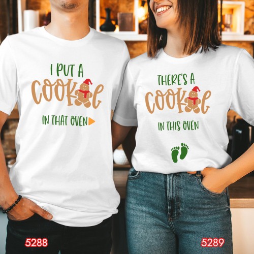 Funny Christmas Pregnancy Announcement T Shirt, Cookie In The Oven Matching Couples Holiday Tee, Cute Maternity Reveal Family Gift Present Top