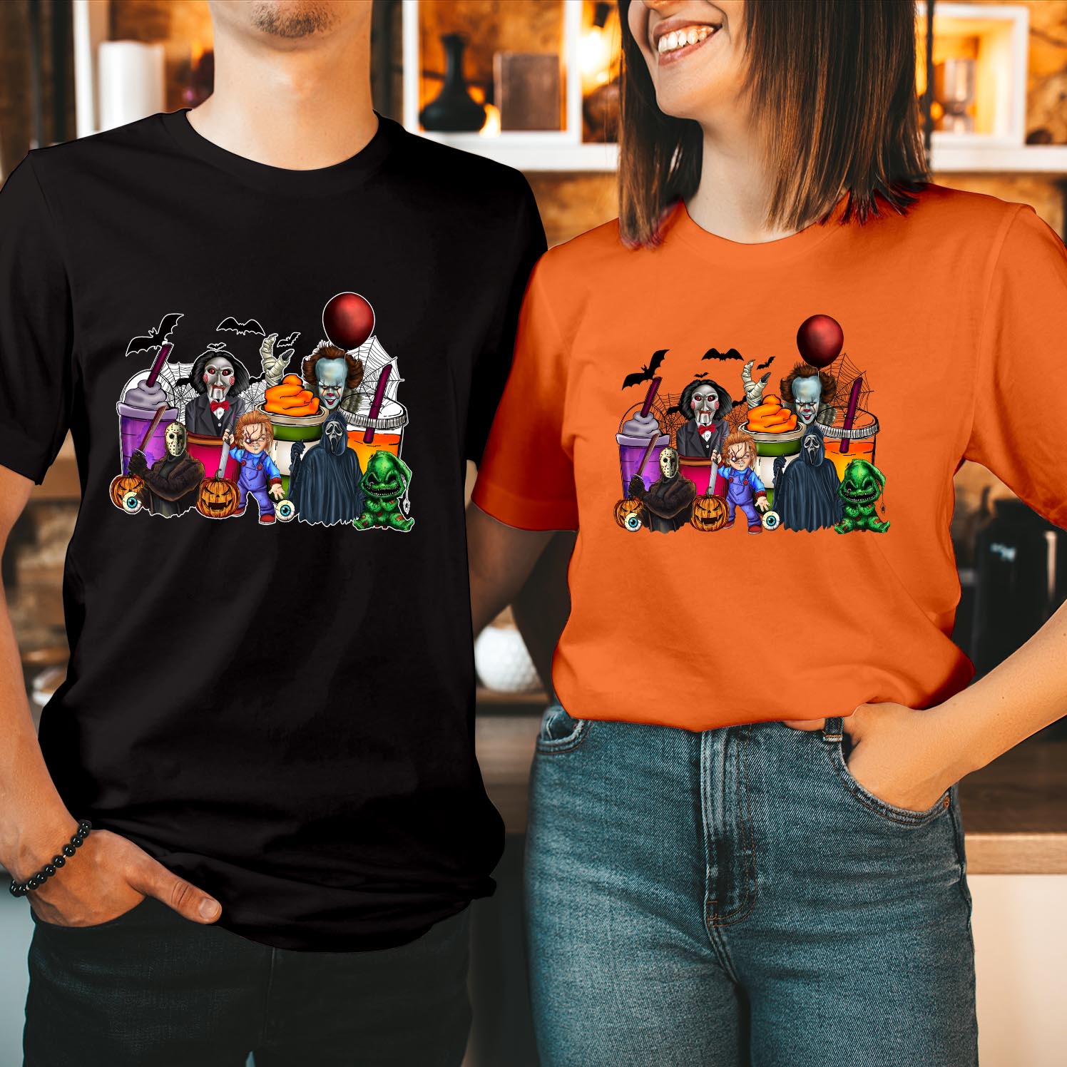 Spooky Halloween Characters Coffee T-Shirt Perfect Halloween Coffee Drink Shirt Festive Halloween Latte Apparel for Coffee Lovers Unisex T Shirt