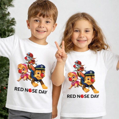 Paw Patrol Red Nose Day T-Shirt, Comic Relief T Shirt & Tops, Nickelodeon Charity Clothing, Kids & Childrens Red Nose Day Chase Skye Marshall Tee