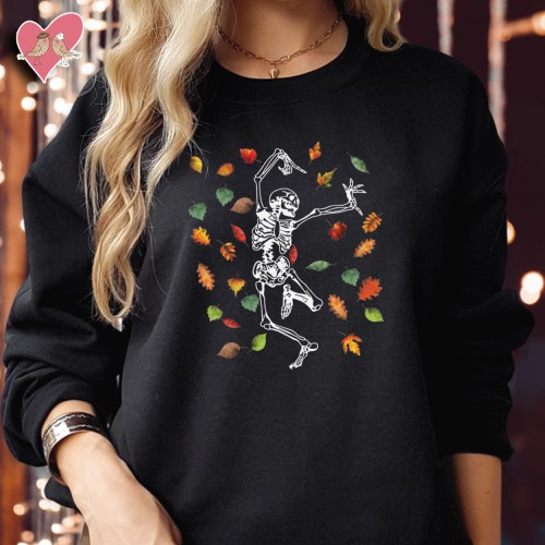 SWEATSHIRT (1789) Dancing Skeleton With Fall Autumn Leaves