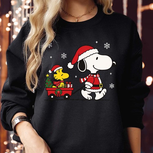 Snoopy Christmas Jumper, Woodstock Red Wagon Xmas Sweatshirt, Cute Santa Peanuts Holiday Sweater, Winter Family Gift Pajamas