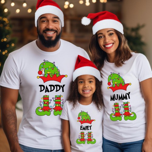 Custom Elf Family Matching Christmas Shirts, Personalised Name Christmas Lights Holiday Tee, Kids Adults Group Pyjamas Crew Present Tops