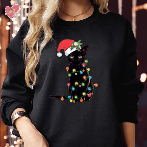 Santa Cat Christmas Sweatshirt - Funny Cat Sweatshirt with Christmas Lights - Festive Cat Lover Jumper - Cute Holiday Cat Sweater for Women & Men