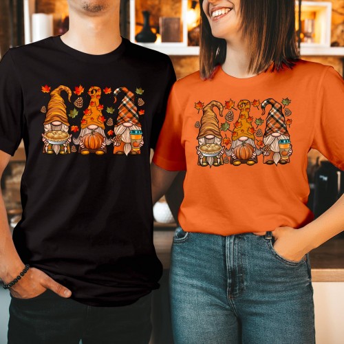 Autumn Gnome Thanksgiving T-Shirt, Fall Leaves Pumpkin Pie Graphic Tee, Cute Harvest Gnomes Pumpkin Spice Top, Seasonal Family Matching Shirt