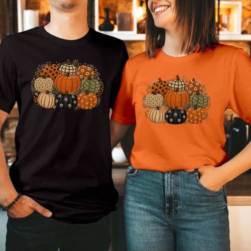 Patterned Pumpkin Cluster T-Shirt, Plaid Leopard Floral Harvest Autumn Shirt, Thanksgiving Pumpkin Patch Tee, Cozy Fall Bohemian Pumpkin Top