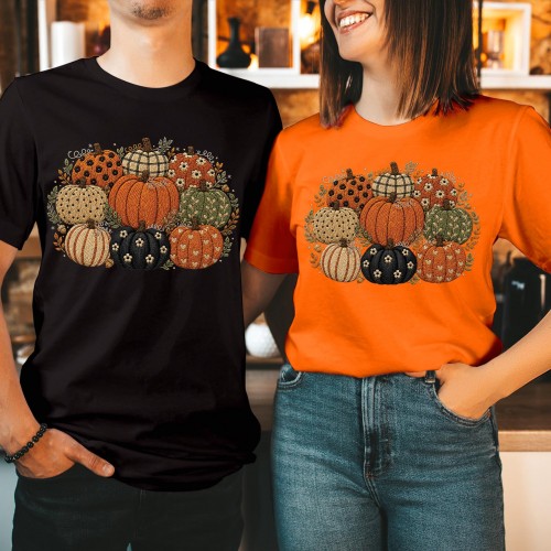 Patterned Pumpkin Cluster T-Shirt, Plaid Leopard Floral Harvest Autumn Shirt, Thanksgiving Pumpkin Patch Tee, Cozy Fall Bohemian Pumpkin Top