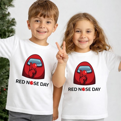 Among Us Shh Red Nose Day T-Shirt, Official Comic Relief Gaming Top, Red Crewmate Impostor Charity Clothing, Kids & Childrens Red Nose Day Tee