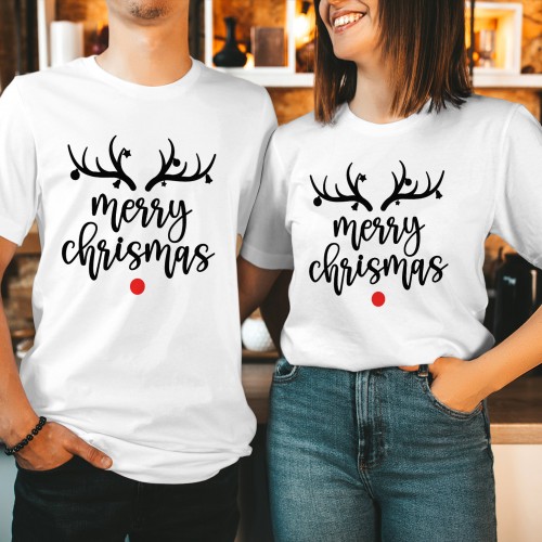 Minimalist Reindeer Antlers Christmas T-Shirt, Cute Rudolph Red Nose Graphic Tee, Matching Couples Holiday Tops, Xmas Gift Ideas Presents