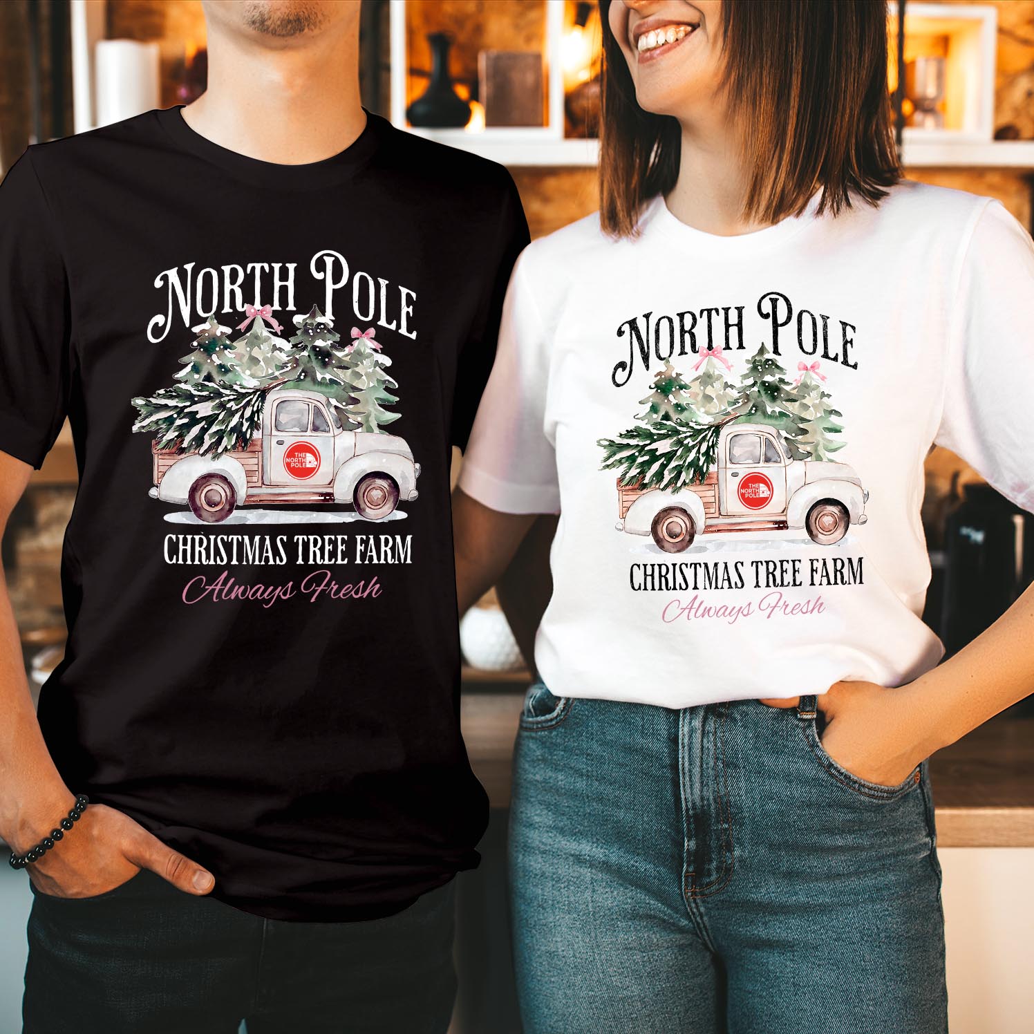North Pole Christmas Tree Farm Shirt, Vintage Truck Xmas T-shirt, Holiday Family Gift, Always Fresh, Santa Lights Top