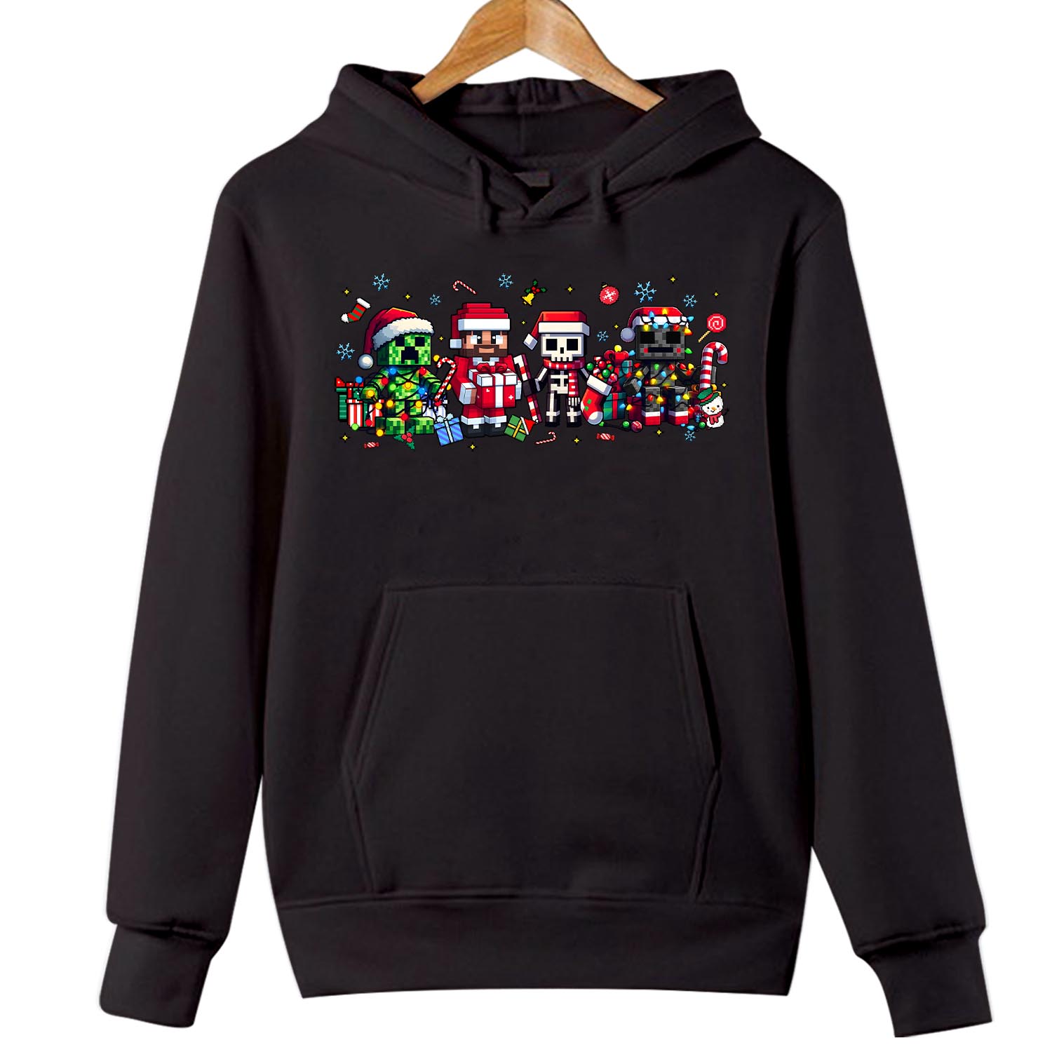 Pixel Christmas Gamer Hoodie Block Game Holiday Mobs Jumper Funny Santa Hat Xmas Character Shirt Matching Family Gift Costume Hoodie