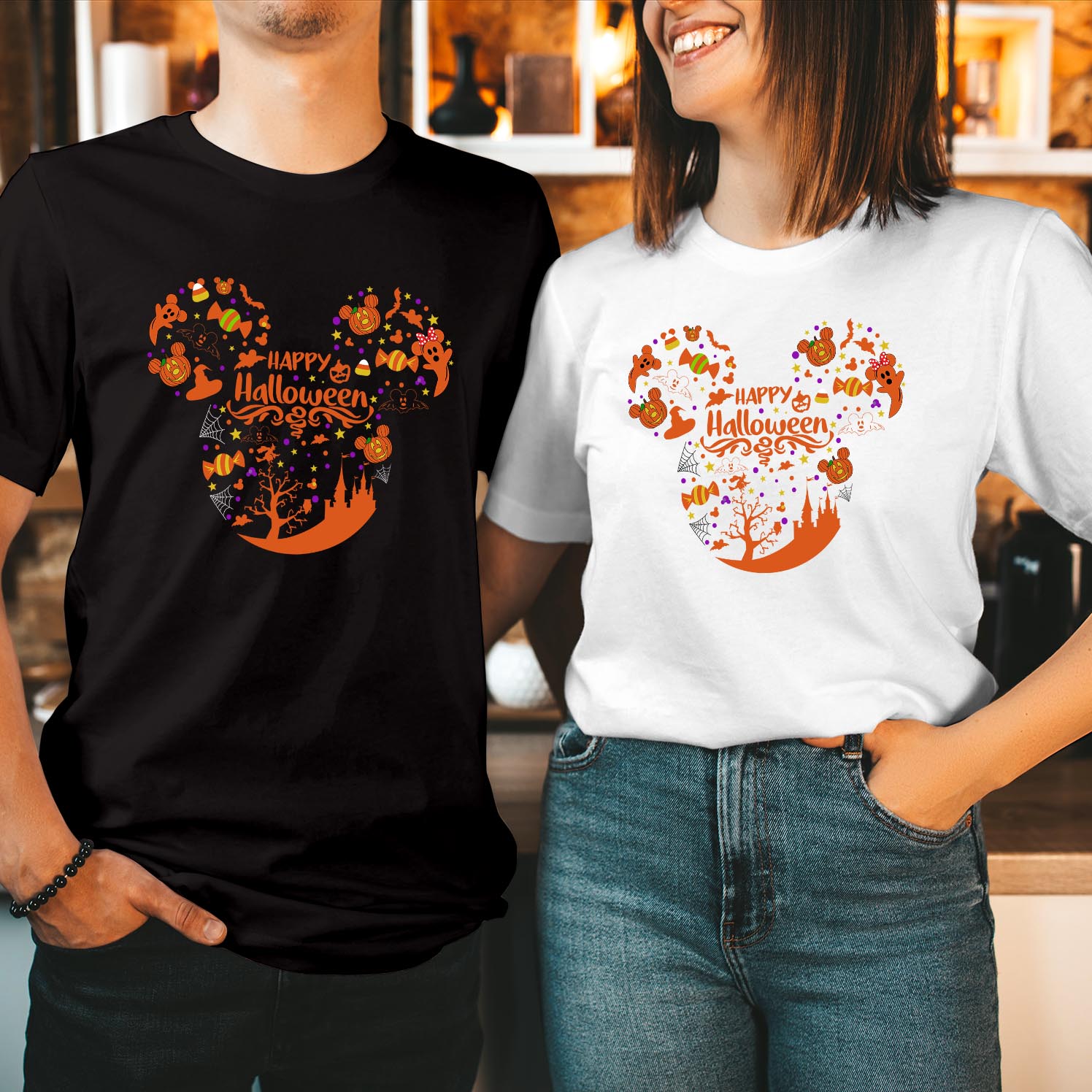 Happy Halloween Mickey Matching T-Shirt Spooky Fun Disney Inspired Halloween Couple Tees Mickey and Minnie Mouse Halloween Costume Shirt for Family & Friends T Shirt