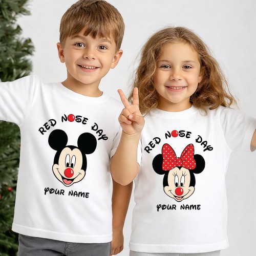 Personalised Disney Red Nose Day T Shirt, Official Comic Relief T-Shirt & Tops, Mickey & Minnie Mouse Charity Clothing, Kids & Childrens Red Nose Day Tee