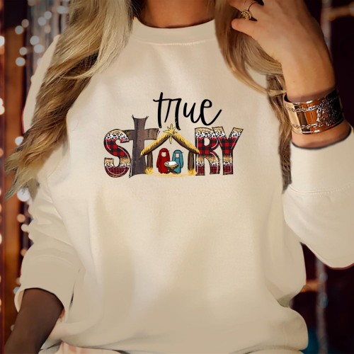 True Story of Jesus Christmas Nativity Birthday Sweatshirt, Christian Religious Holiday Jumper, Faith Graphic Crewneck Xmas Pullover Gift