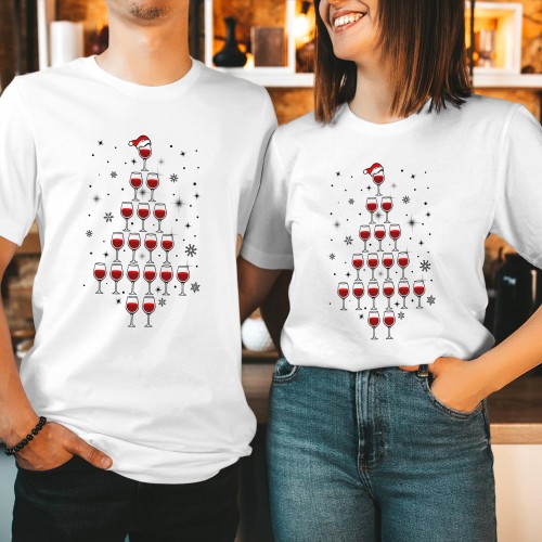 Funny Wine Glass Christmas Tree T Shirt, Cute Alcohol Drinking Graphic Tee, Matching Couples Holiday Party Tops, Xmas Gift Ideas Present Wine