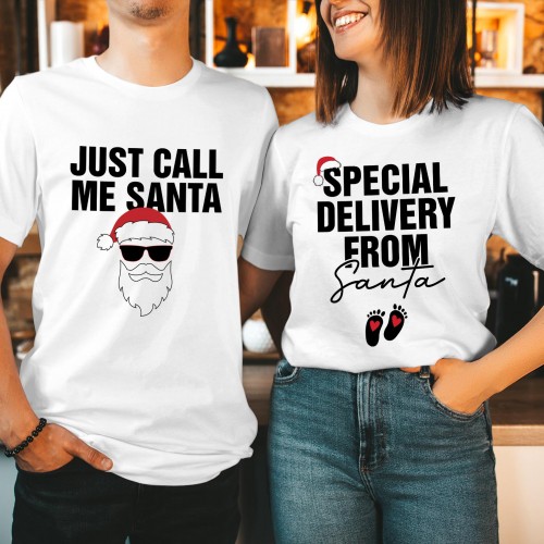 Funny Christmas Maternity T Shirt, Special Delivery From Santa Matching Couples Graphic Tee, Xmas Pregnancy Announcement Winter Gift Top
