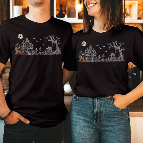 Haunted House Pumpkin Witch Halloween Shirt Spooky Graveyard Line Art Tops