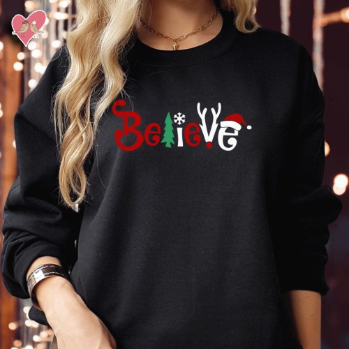 Believe Santa Hat Reindeer Snowflake Christmas Sweatshirt