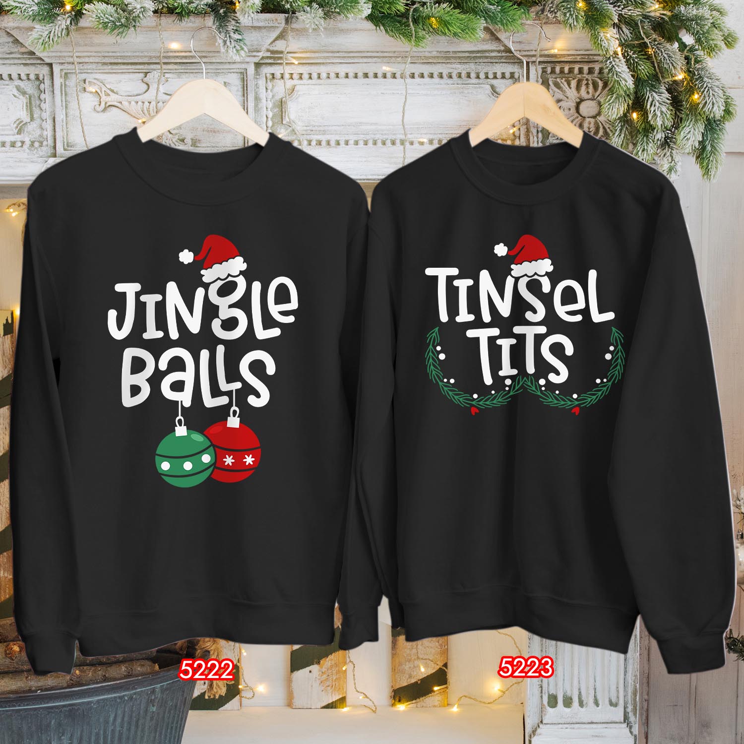 Jingle Balls Tinsel Tits Matching Couple Christmas Sweater - Fun Holiday Apparel for Him and Her, Festive Couple Sweaters, Christmas Party Outfits