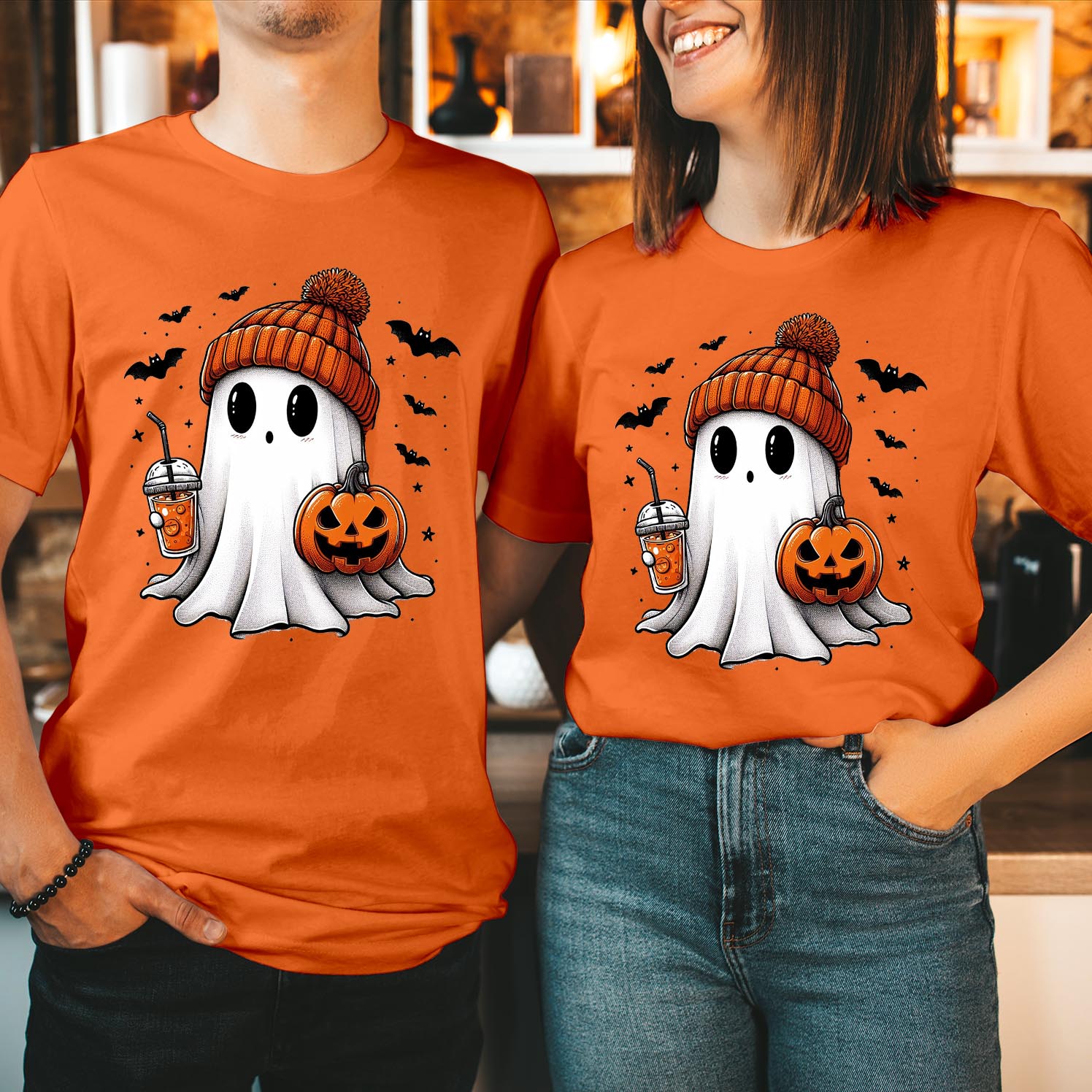 Cute Ghost Coffee Knit Pom Beanie Cuff Hat Pumpkin Halloween T-Shirt Adorable and Cozy Fall and Winter Pumpkin Spice Lovers and Halloween Enthusiasts T Shirt