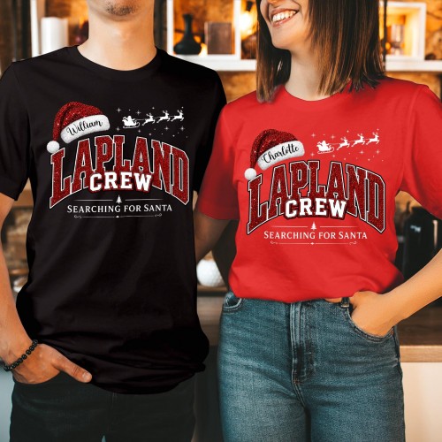 Personalised Lapland Crew Family Matching Christmas Shirt, Custom Red Glitter Effect Santa Family Holiday Xmas T-Shirts