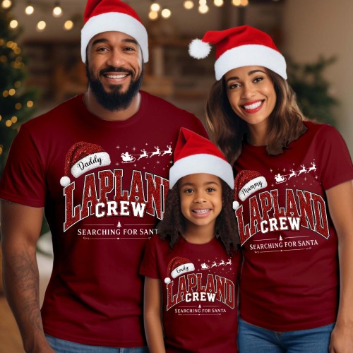 Personalised Lapland Crew Family Matching Christmas Shirt, Custom Red Glitter Effect Santa Family Holiday Xmas T-Shirts