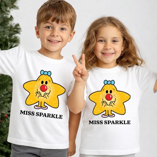Little Miss Sparkle Red Nose Day T Shirt, Official Comic Relief T-Shirt & Tops, Funny Book Character Charity Clothing, Kids & Childrens Red Nose Day Tee