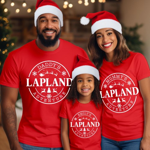 Personalised Lapland 2026 Family Christmas T-Shirt, Custom Holiday Badge Matching Shirts, Festive Circular Stamp Santa Sleigh Xmas Gift Tee