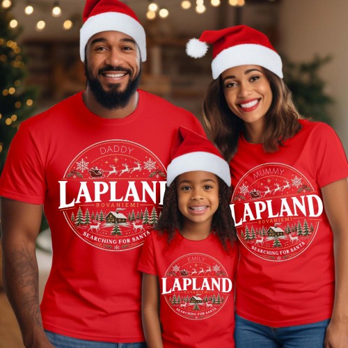 Personalised Lapland 2026 Family Christmas T-Shirt, Custom Holiday Badge Matching Shirts, Festive Circular Stamp Santa Sleigh Xmas Gift Tee