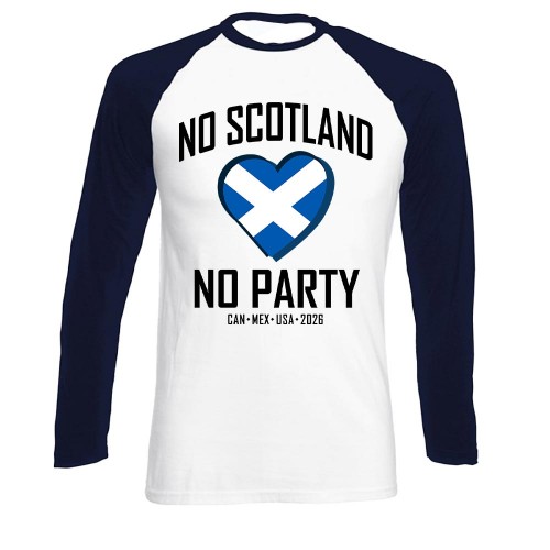 Scotland 2026 Heart Logo Long Sleeve Baseball T-Shirt, No Scotland No Party Supporter Shirt, We'll Be Coming Raglan Top, World Cup Long Sleeve Tee
