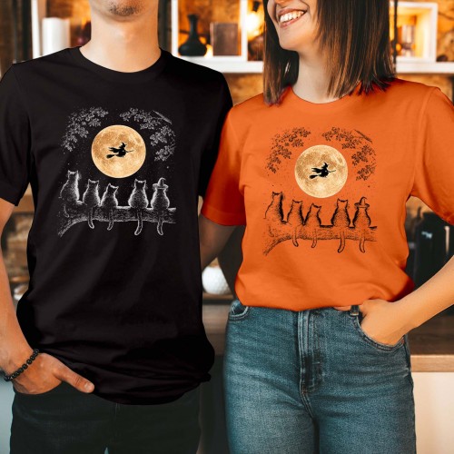Black Cats Full Moon T-Shirt Flying Witch Branch Halloween Unisex Graphic Tee