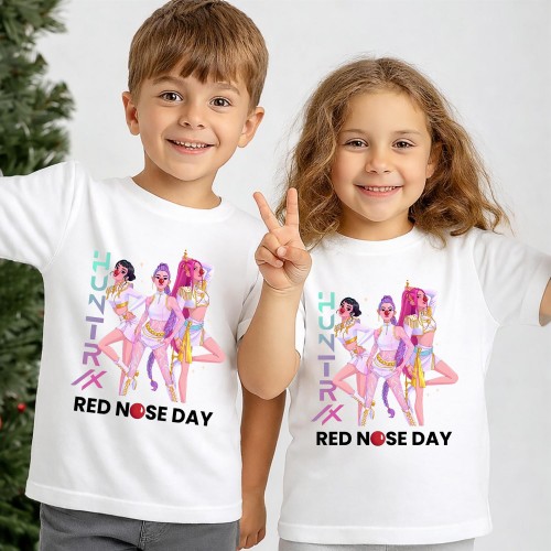 Official Huntrix Red Nose Day T-Shirt, Dance Trio K-Pop Demon Hunters Charity Clothing, Rumi, Mira & Zoey Comic Shirt, Kids & Children's Red Nose Day Tops
