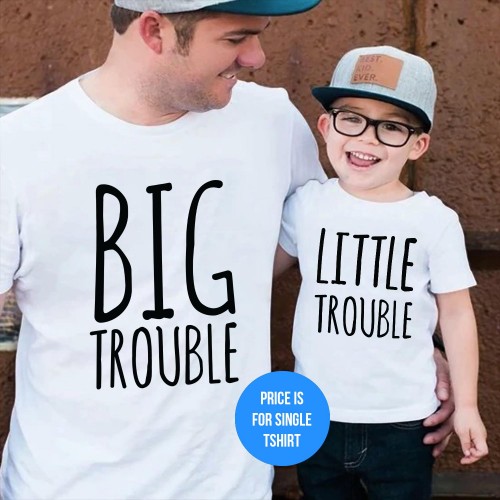 Big Trouble Men's Little Trouble Kids Matching Father's Day T-Shirt Dad Birthday Daddy Papa Super Dad Top Dad Gaming Funny Gift for Her Him Fathers Day T Shirt
