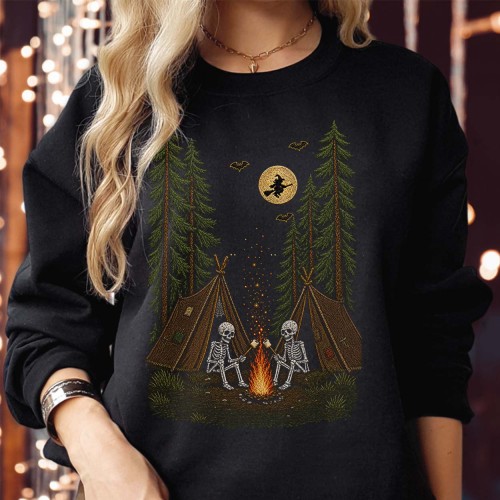 Camping Skeletons Bonfire Sweatshirt Jumper, Spooky Forest Halloween Witch Print, Funny Skeleton Campfire Unisex Autumn Gift Top