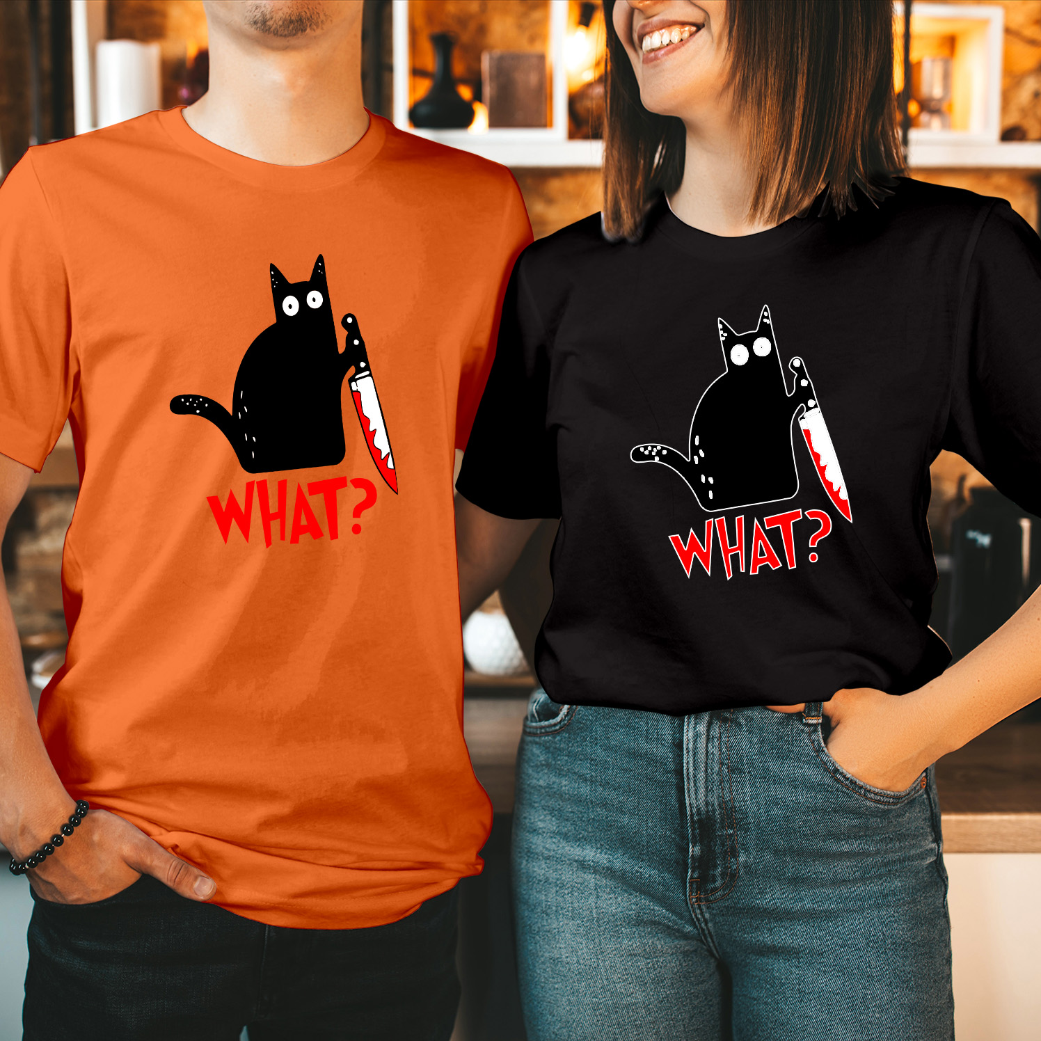 Cat Funny Murderous Cat Holding Knife Halloween Costume, Black Cat WHAT? Cat Lover T-Shirt, Cat Lover Gift, Funny Cat Men Women Kids Unisex T Shirt