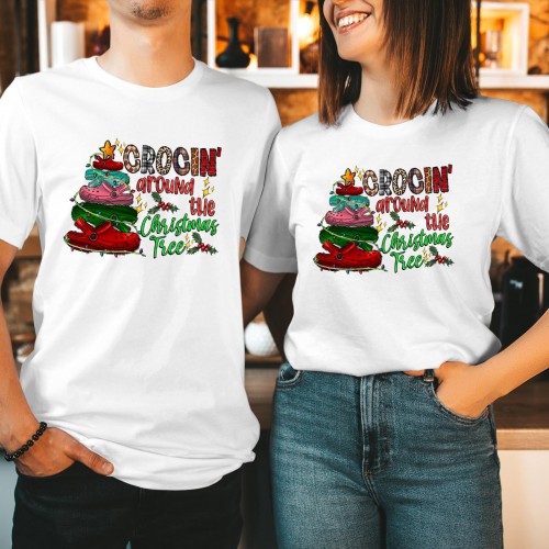 Funny Crocin Around The Christmas Tree T Shirt, Clog Shoe Lover Holiday Graphic Tee, Xmas Matching Couples Family Gift Present Multi Color Tops