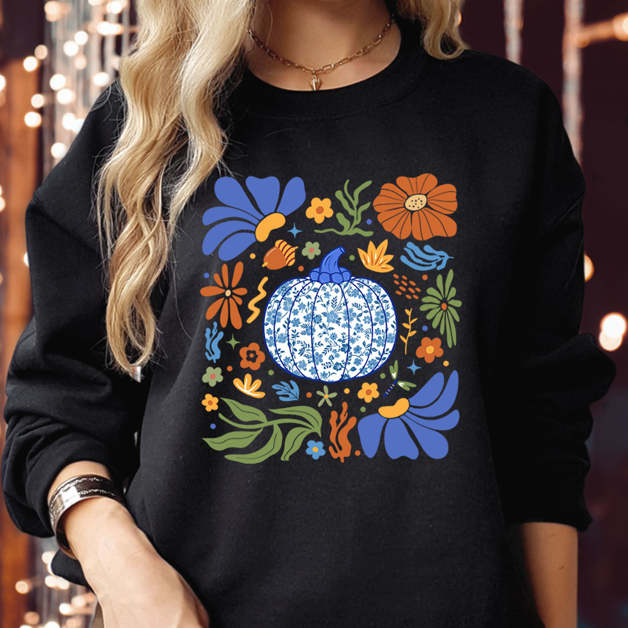 Blue Floral Pumpkin Boho Fall Mama Mummy Autumn Vibes Chinoiserie Jumper | Spooky Season Thanksgiving & Halloween Top | Funky Kittens Women’s Autumn Sweater