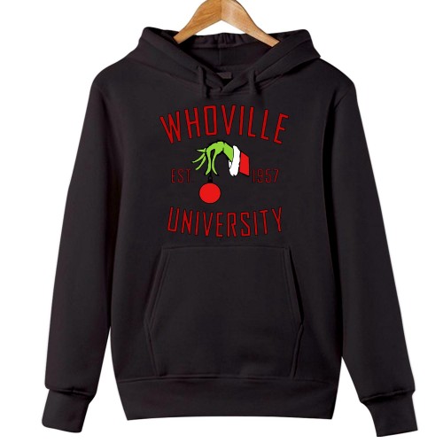 Whoville University Christmas Grinch Hoodie, Retro Varsity Xmas Pullover, Est 1957 Green Hand Bauble Hoody, Men Women Kids Gift Pajamas Jumper
