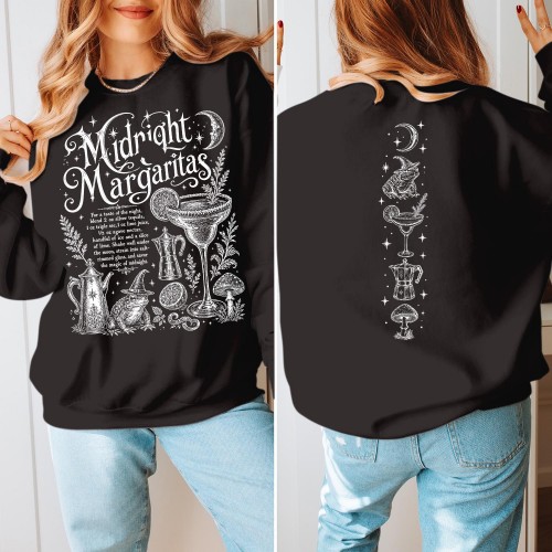 Midnight Margaritas Sweatshirt, Front & Back Print Cocktail Recipe Jumper, Witchy Frog Mushroom Graphic, Halloween Autumn Top