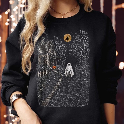 Ghost Riding Bicycle Sweatshirt Jumper, Spooky Cottage Country Lane, Full Moon Flying Witch Pumpkin Print, Vintage Linocut Halloween Unisex Autumn Top