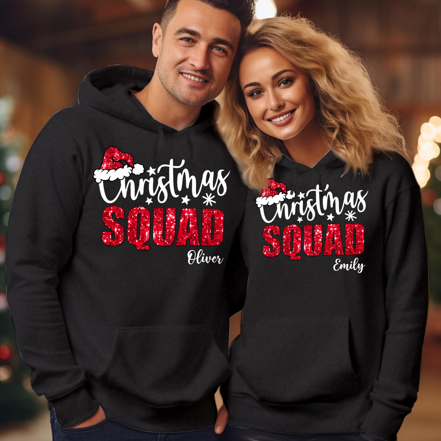 Personalised Christmas Squad Hoodie Custom Family Matching Xmas Sweater Glitter Printed Holiday Party Pullover Customised Name Gift Set