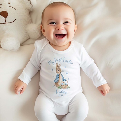 Personalised My First Easter Baby Sleepsuit, Custom Peter Rabbit Style Babygrow Outfit, Newborn Keepsake Easter Sunday Shirt, Easter Egg Shirt & Baby Tops