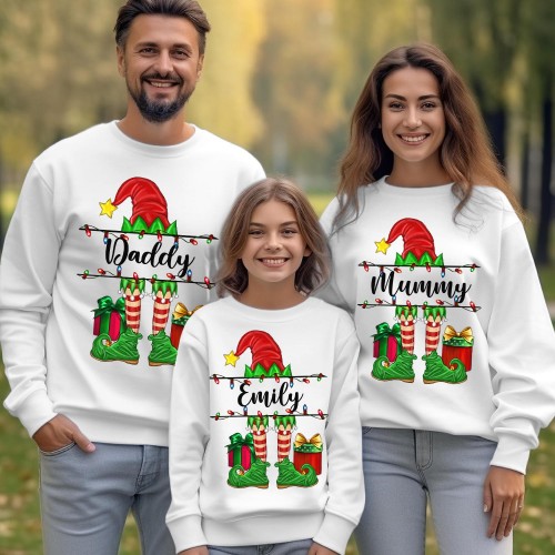 Personalised Elf Christmas Sweatshirt, Custom Name Family Matching Holiday Jumper, Cute Santas Helper Graphic Crewneck Xmas Pullover Gift