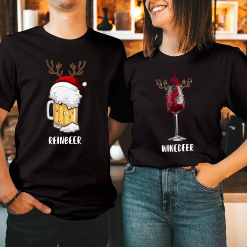 Funny Reinbeer Winedeer Christmas T Shirt, Matching Couples Holiday Graphic Tee, Witty Beer Wine Alcohol Reindeer Gift Colorful Xmas Festive Tops