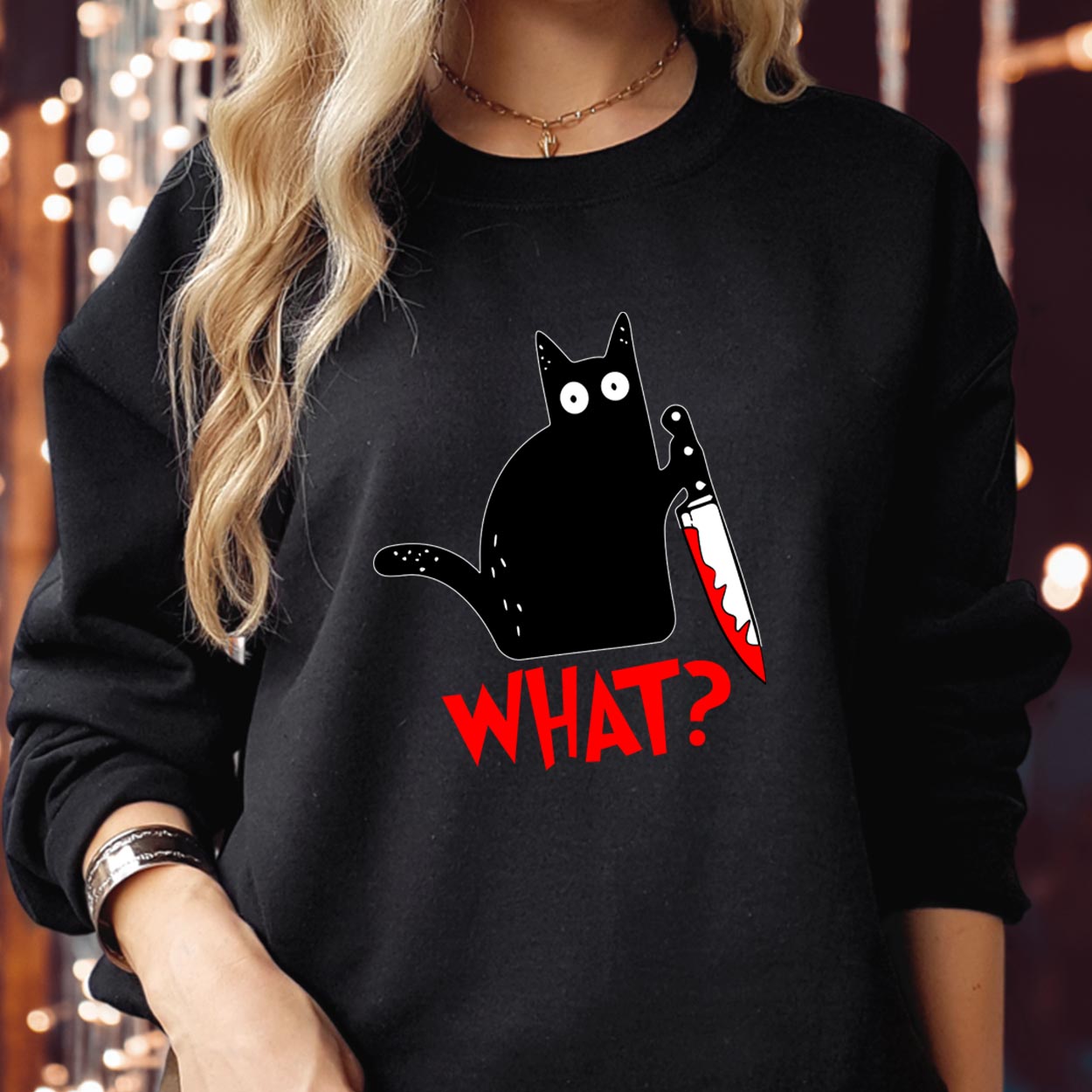 SWEATSHIRT (1734) Murderous Halloween Black Cat What?