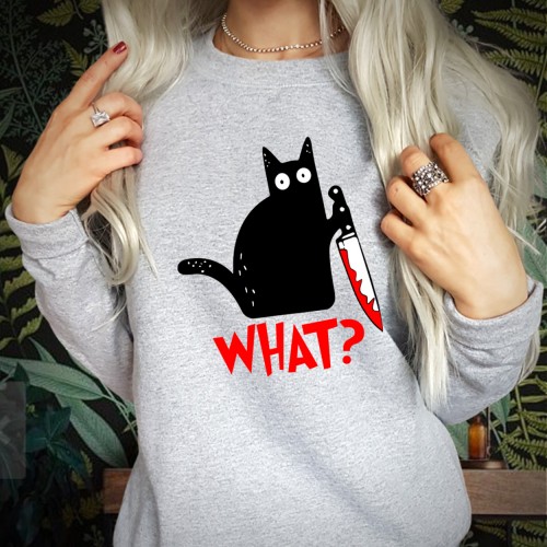 Murderous Halloween Black Cat What Sweatshirt, Funny Slasher Knife Jumper, Spooky Cat Lover Gift Pullover, Humorous Horror Graphic Crewneck