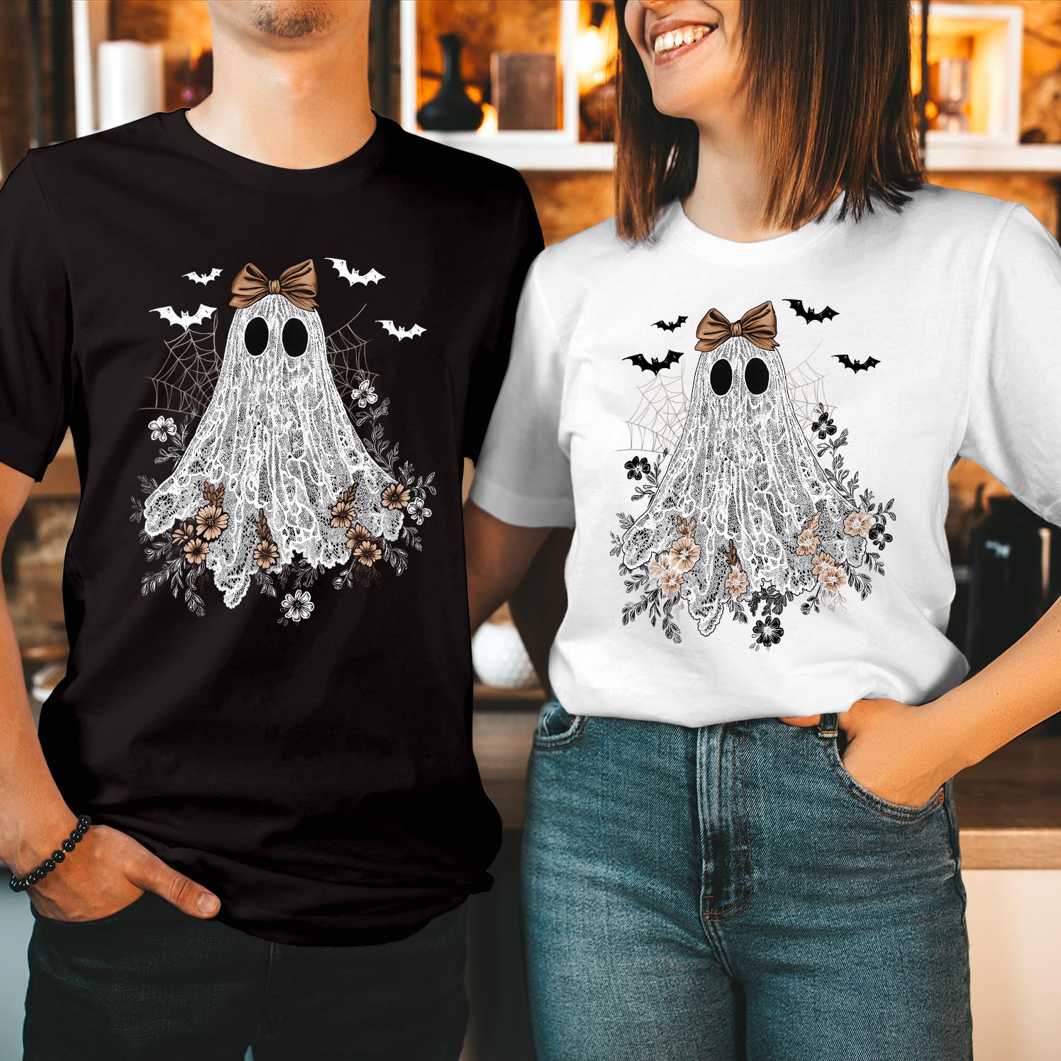 Cute Lace Ghost Floral Shirt, Spooky Season Boo Ghost Witch, Funny Halloween Tops for Men and Women, Ladies Thanksgiving T-Shirt