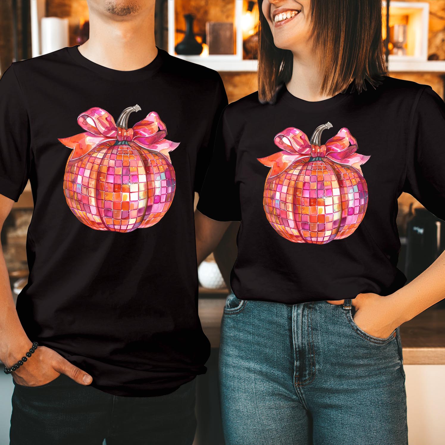 Disco Pumpkin Coquette Bow T-Shirt - Spooky Season Boo Ghost Witch - Autumn Fall Thanksgiving for Girls & Ladies